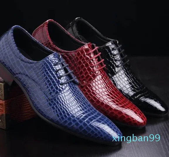 Chaussures habillées Mode européenne Serpent Modèle Hommes Derby Square Lisse Durable Lacets Rouge Noir Bleu