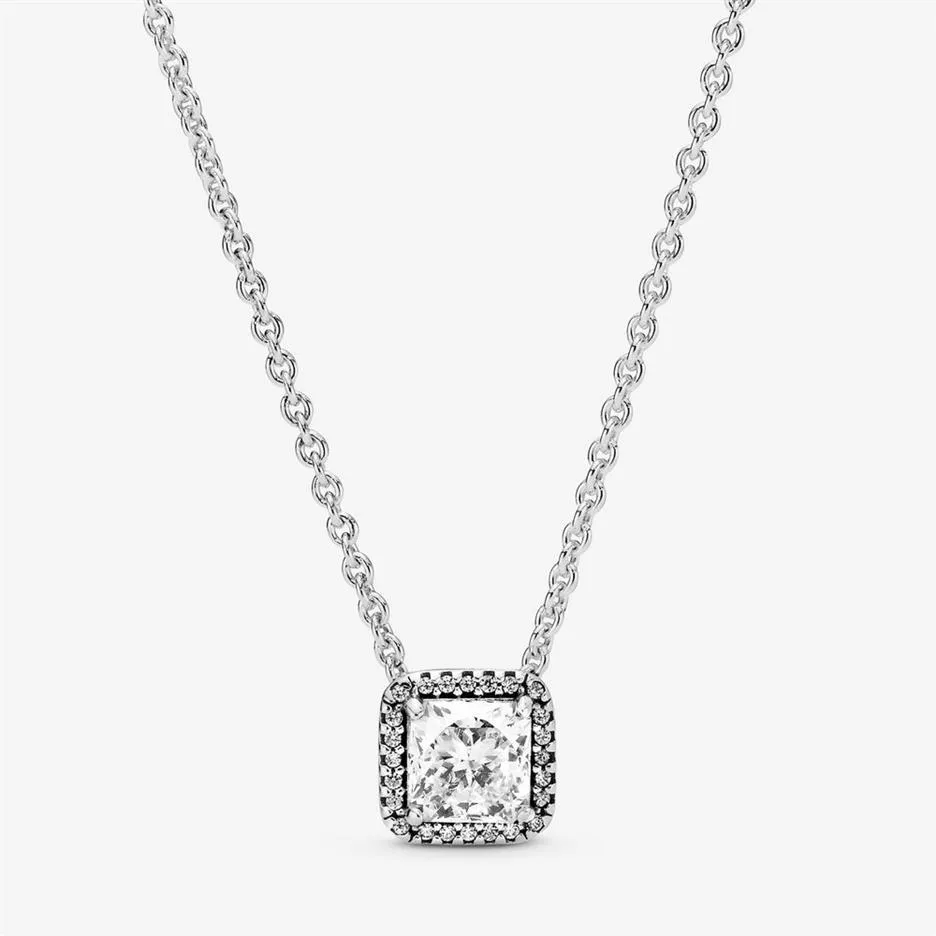 100% 925 Sterling Silver Square Sparkle Halo Necklace Fashion Women Wedding Engagement Jewelry Accessories302a