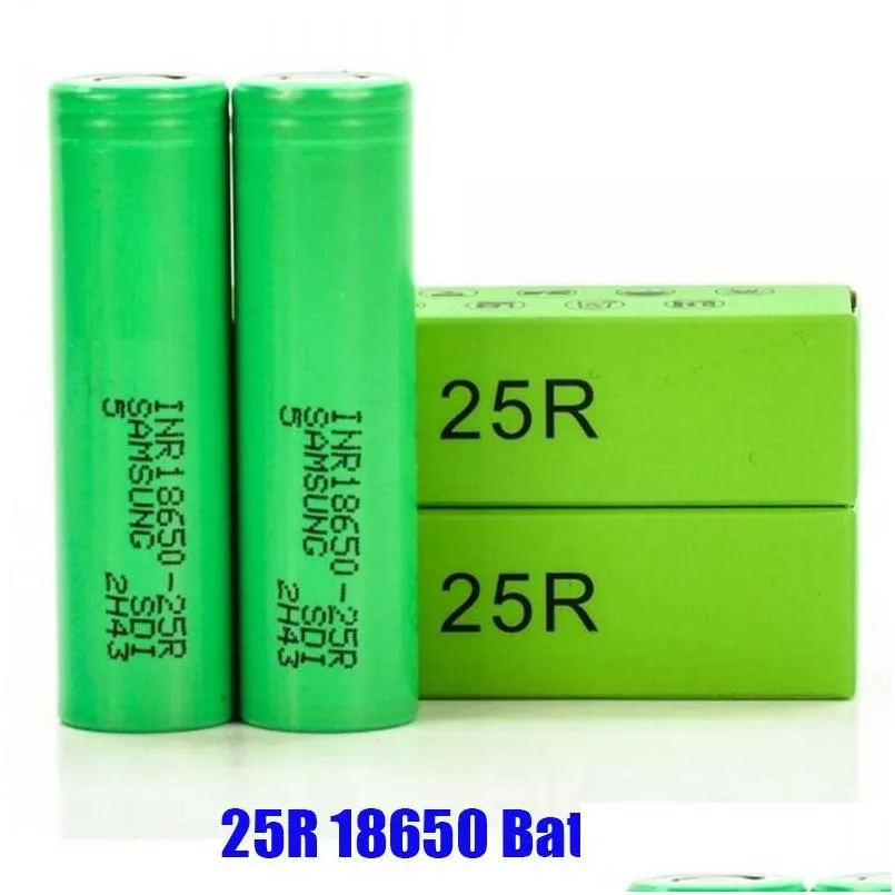 Baterie najwyższa jakość INR18650 25R 18650 BAZTANIE 2500 mAh 20A 3,7 V zielone pudełko odpływowi ładowni litowe płaskie dla Samsung Factory Drop d Otrxy