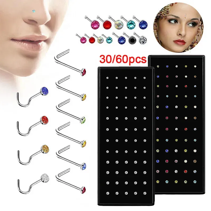 L Vorm Rvs Crystal Neusring Set Vrouwen Stalen Neus Piercing Set oor bot naald Studs Lichaam Sieraden 240115