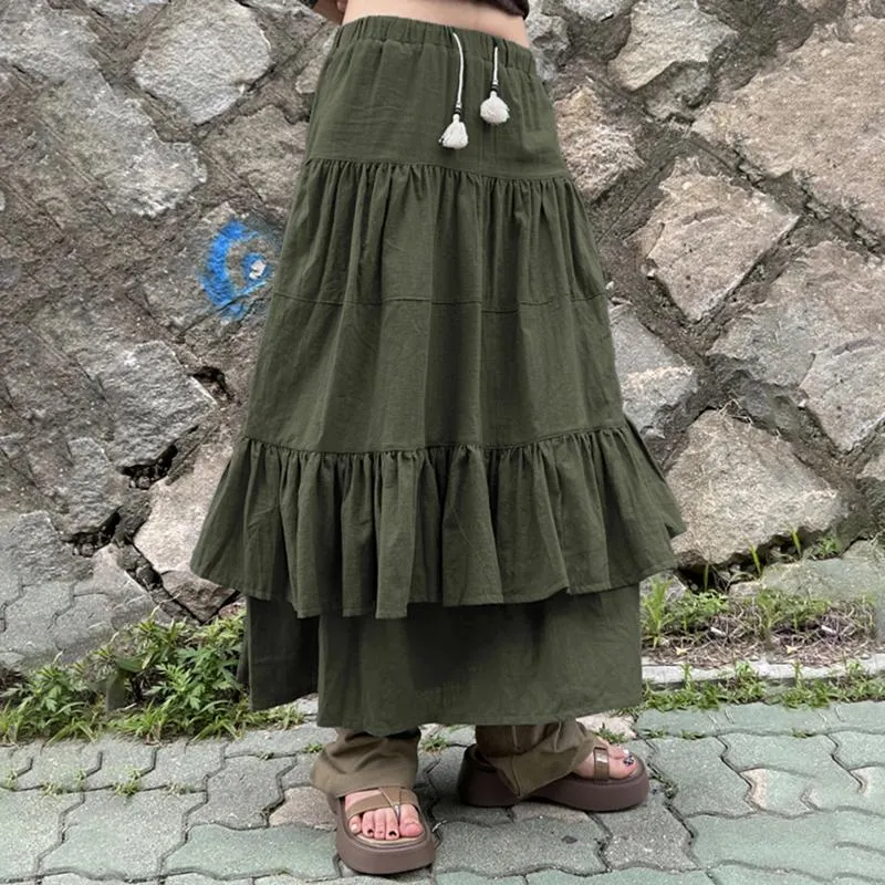 Röcke Damen Geraffter Maxirock Swing Midi Rüschensaum Damen Sommer Boho Stil Einfarbig Lässig Lose Tägliches Outfit