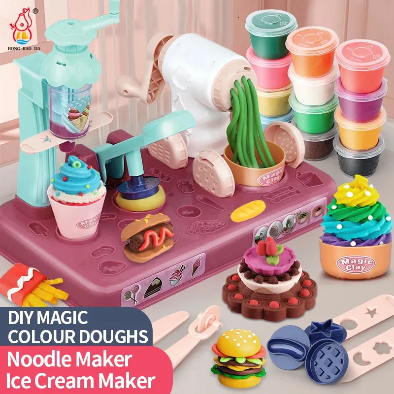 Diy Color Clay Kid låtsas Play Kitchen Toys Set Cookware Education Cooking Food Ice Cream Noodles Färgglad för Girl Gift 240115