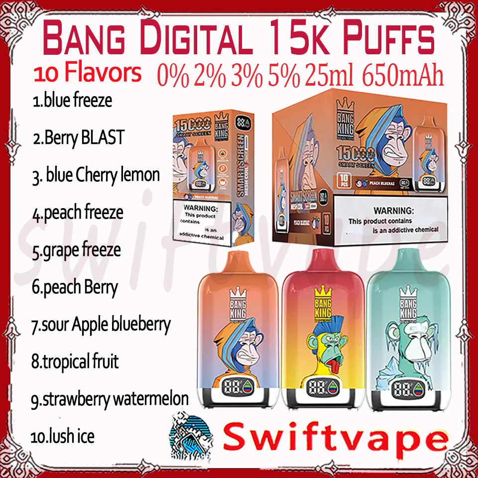 Sigaretta elettronica usa e getta Bang King digitale al 100% originale 15000 10 gusti Batteria ricaricabile Pod da 25 ml 650mAh 15K sbuffi 0% 2% 3% 5% RBG Light Vape Pen Kit Consegna veloce