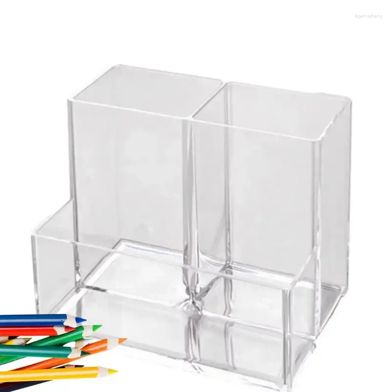 Kök Storage Clear Pen Holder Desktop Box High-End Acrylic Organizer Transparent Stationery Fat med 4 fack