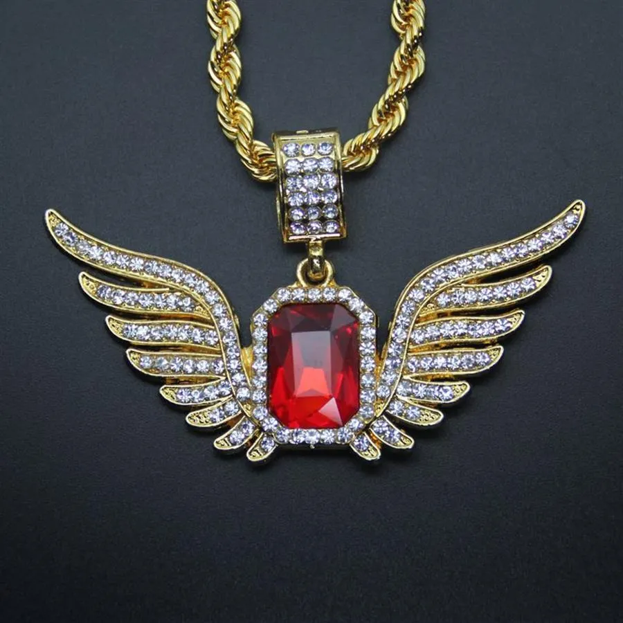 Alas de ángel de Hip Hop con collar con colgante de rubí rojo grande para hombres y mujeres, joyería helada 2497