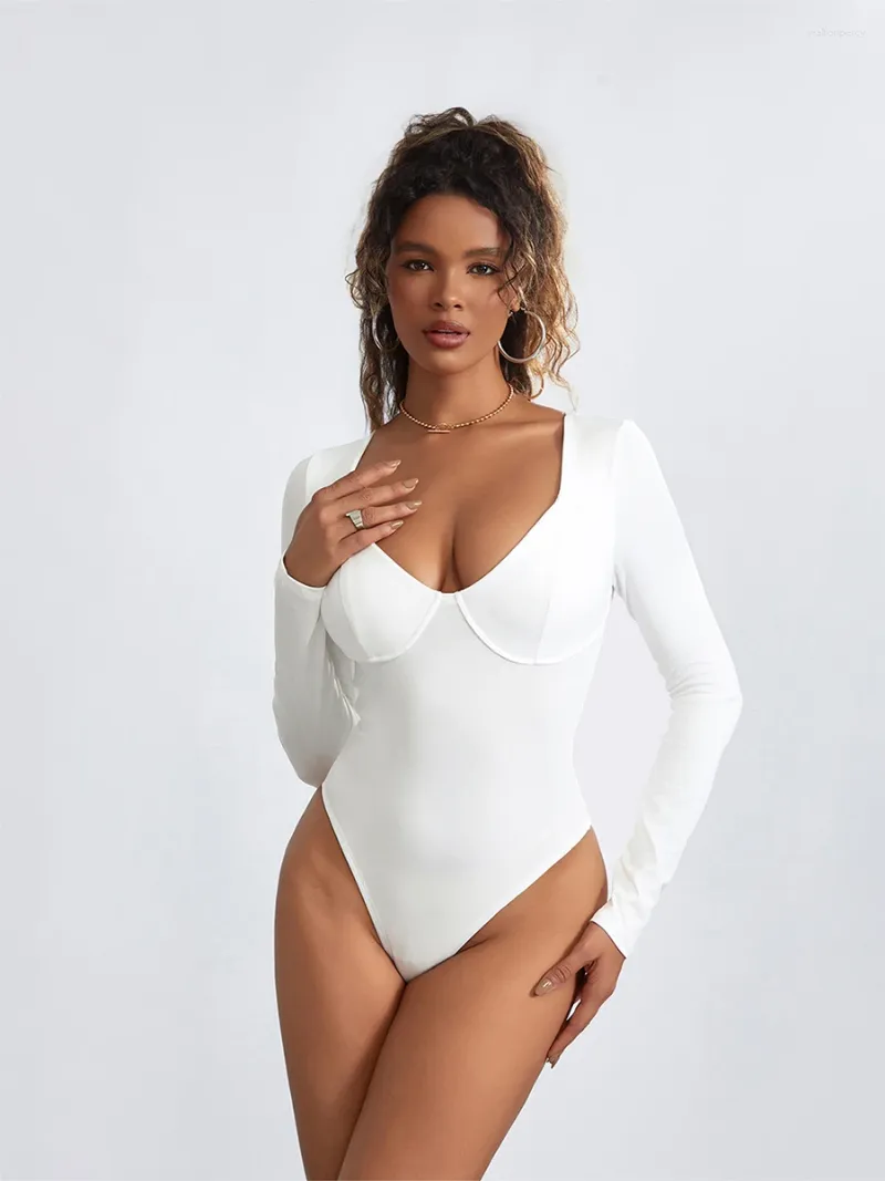 Womens V-Neck Bodysuit Top - Long Sleeve Leotard, Seamed Cup