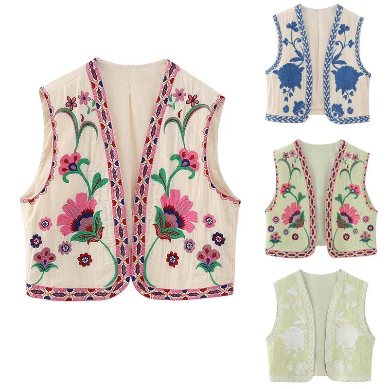 Vintage feminino floral bordado colete jaquetas verão estilo nacional aberto colete casual retalhos v pescoço senhoras curto topos 240115