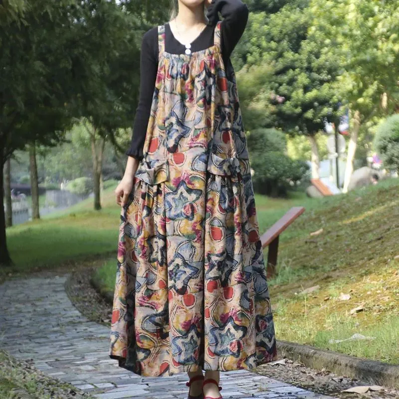 Vestidos casuales Primavera Otoño Mujeres Algodón Lino Vestido de sol Vintage Estampado floral Sin mangas Suspender Femenino Estilo étnico Vestidos largos