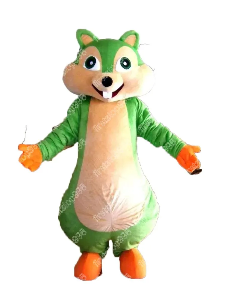 Costume della mascotte scoiattolo verde di alta qualità Personaggio dei cartoni animati di anime Tema unisex per adulti Puntelli pubblicitari Festa di Natale Abito da esterno