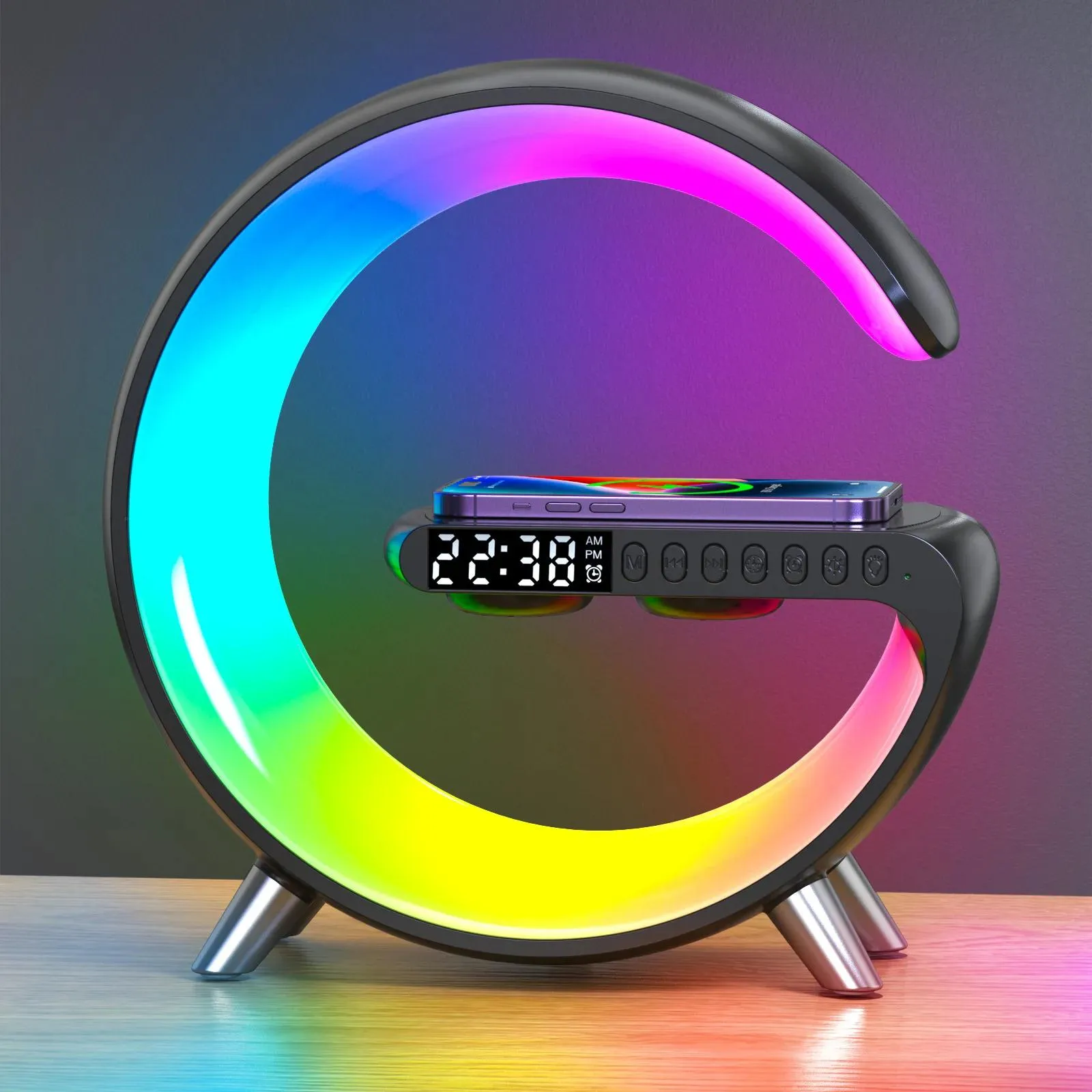 Högtalare multifunktionell nattljus klocka Intelligent ljud 3 i 1 Alarmklocka Desk lampan Trådlös laddning Seven Color Bluetooth Högtalare