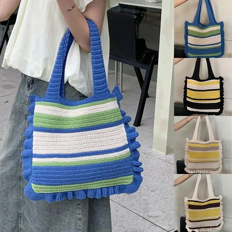 Bolsas de noche Strip Vintage Knitting Tote Bag Portátil Gran Capacidad Tejido Estilo Coreano Hombro Almacenamiento de encaje Bolso de compras Hombres