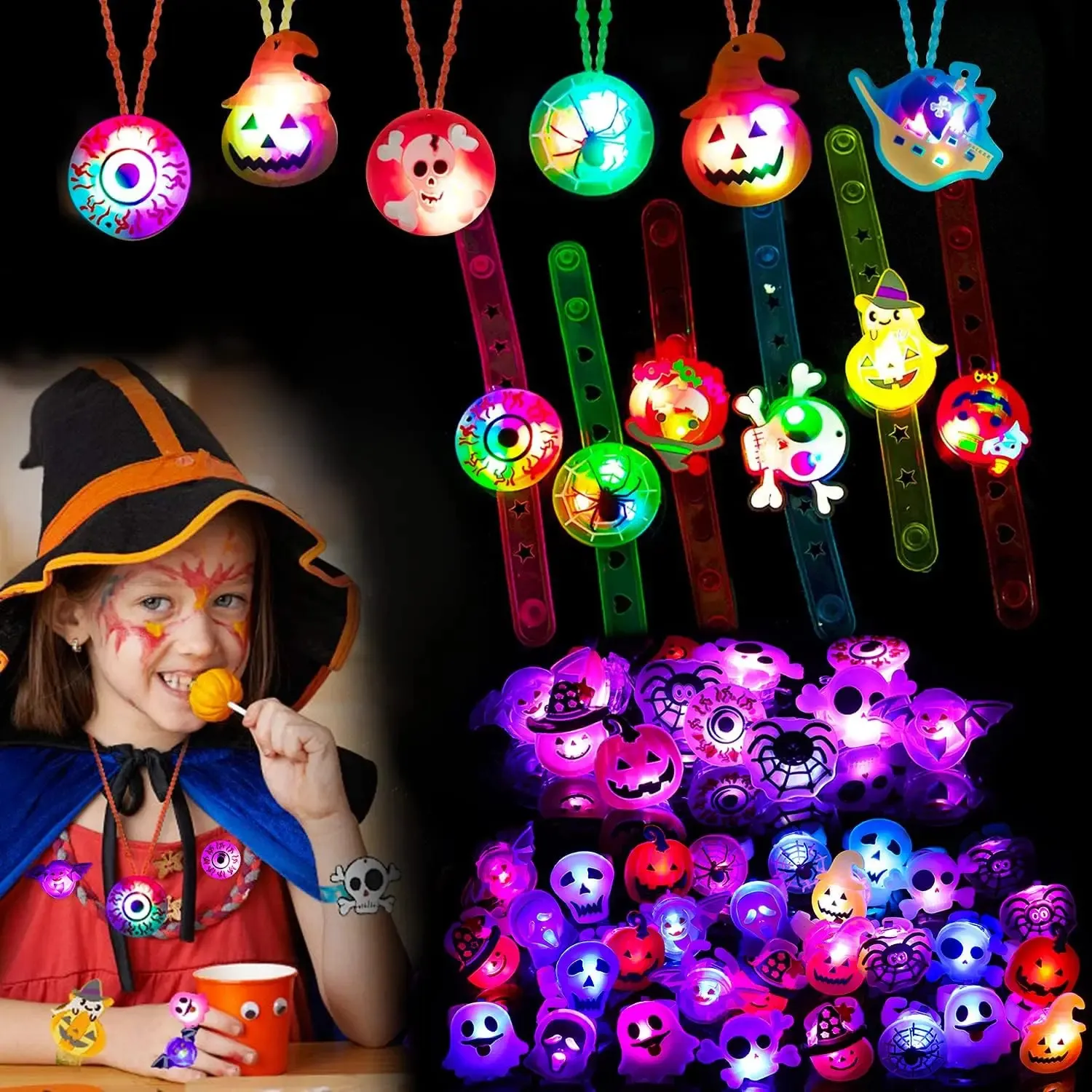 Подарки для вечеринки в честь Хэллоуина для детей, светодиодные светящиеся кольца, ожерелья, браслеты, брошь, светящиеся в темноте игрушки, наполнители для сумок для подарков на Хэллоуин 240116