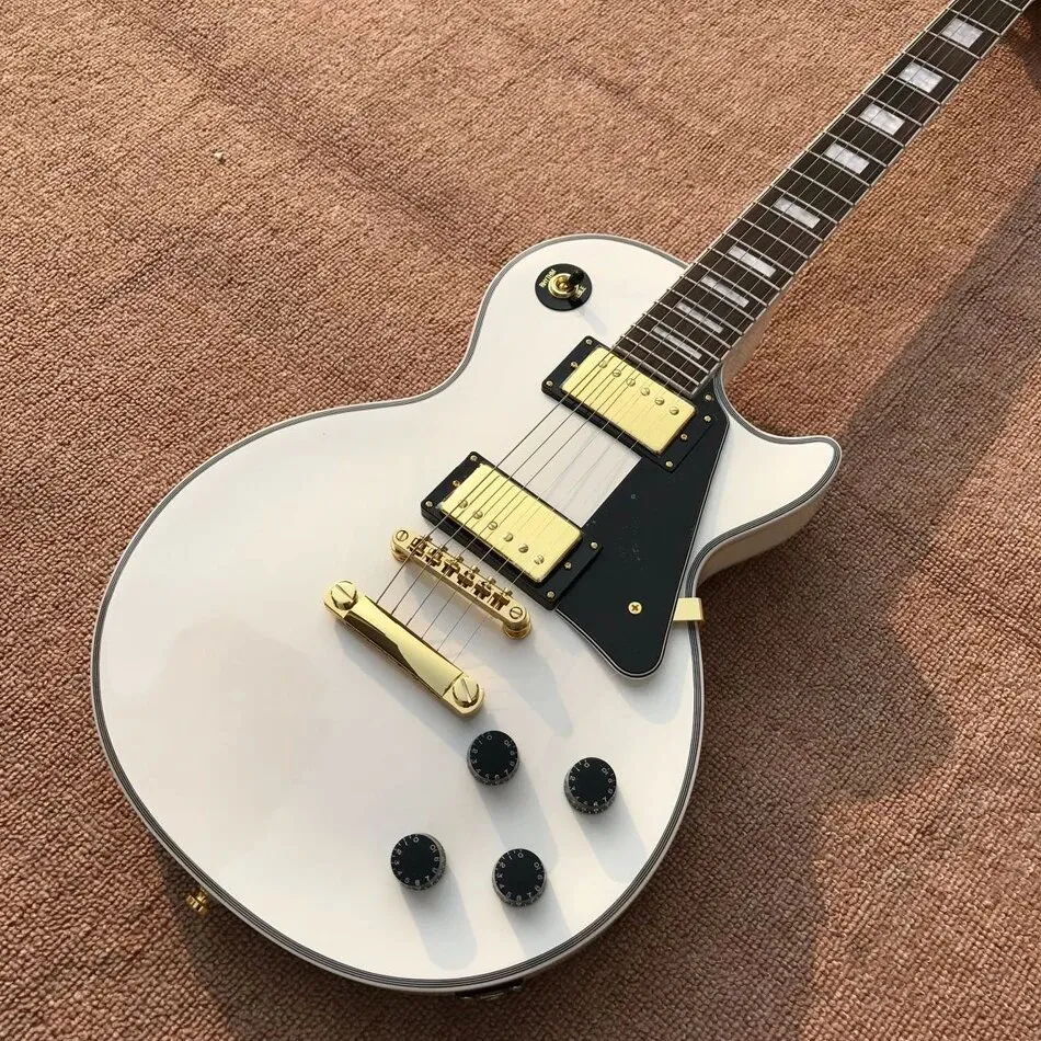 Högklassig anpassad stil One Piece Neck Chibson Electric Guitar White Solid Body With Neck Gold Hardware