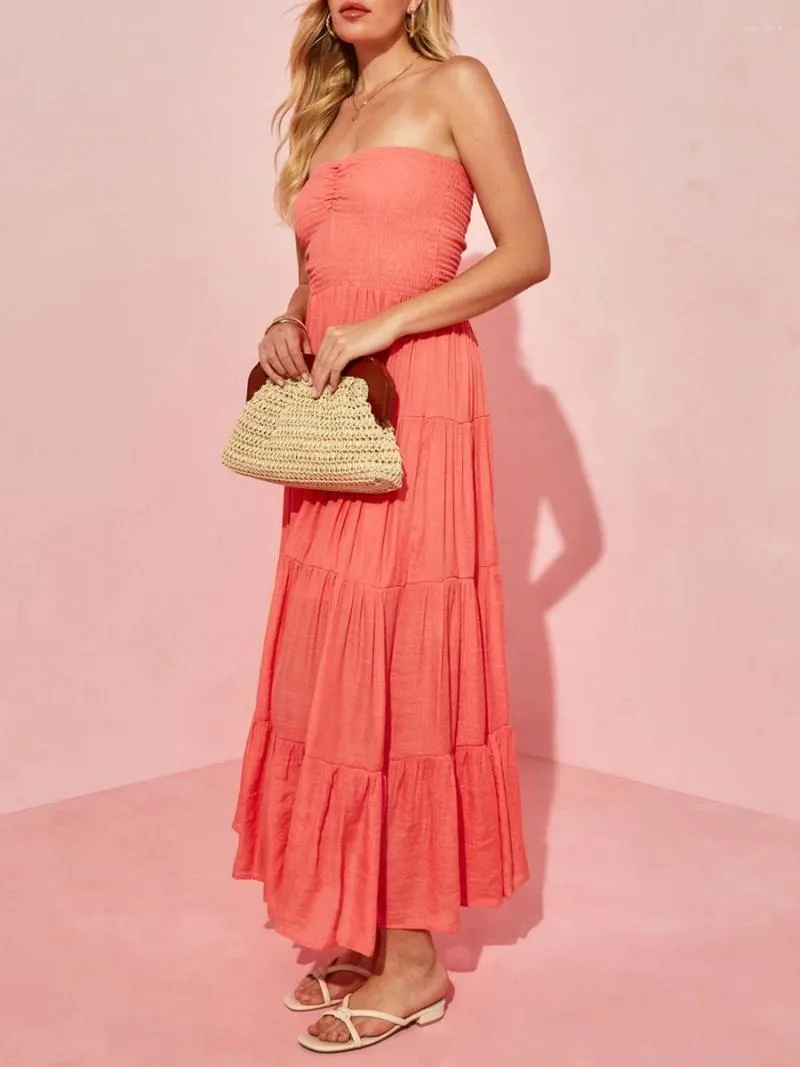 Casual Dresses Tube Top Strapless Dress Women Summer 2024 Sleeveless Solid Tiered Flowy Beach Vestidos De Mujer Elegante