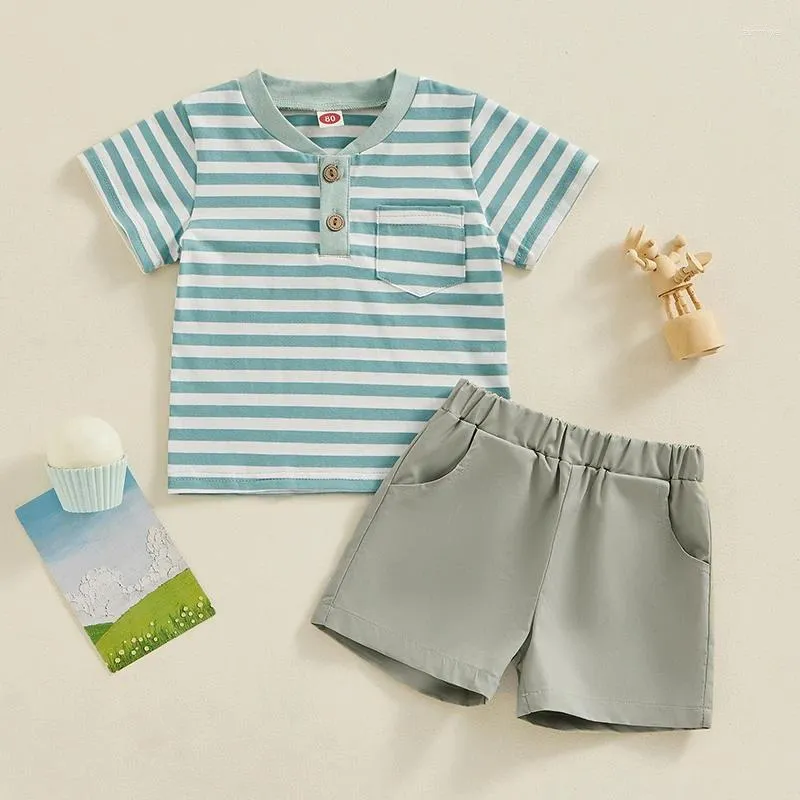 Kläderuppsättningar Kupretty Toddler Baby Boy Summer Clothes Retro Stripe Kort ärm T-Shirts Shorts 3 6 9 12 18 24 Månad 2T Set