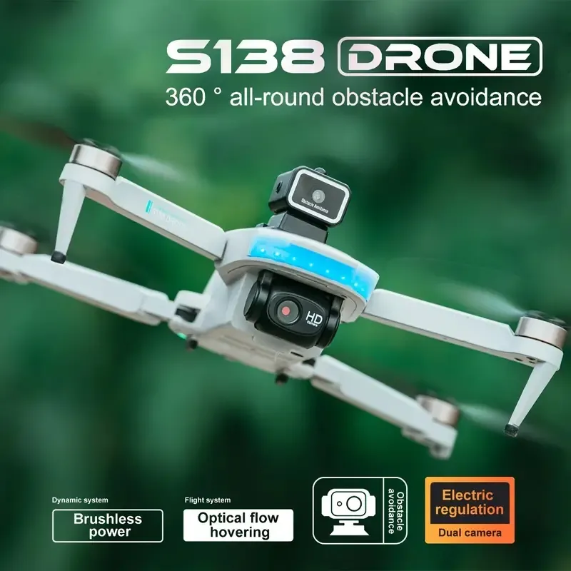 Drone dobrável S138 com prevenção automática de obstáculos Câmera HD Motor sem escova Sensor de gravidade de vídeo ao vivo, controle de gestos, posicionamento de fluxo óptico, modo sem cabeça, 3D Flip RTF