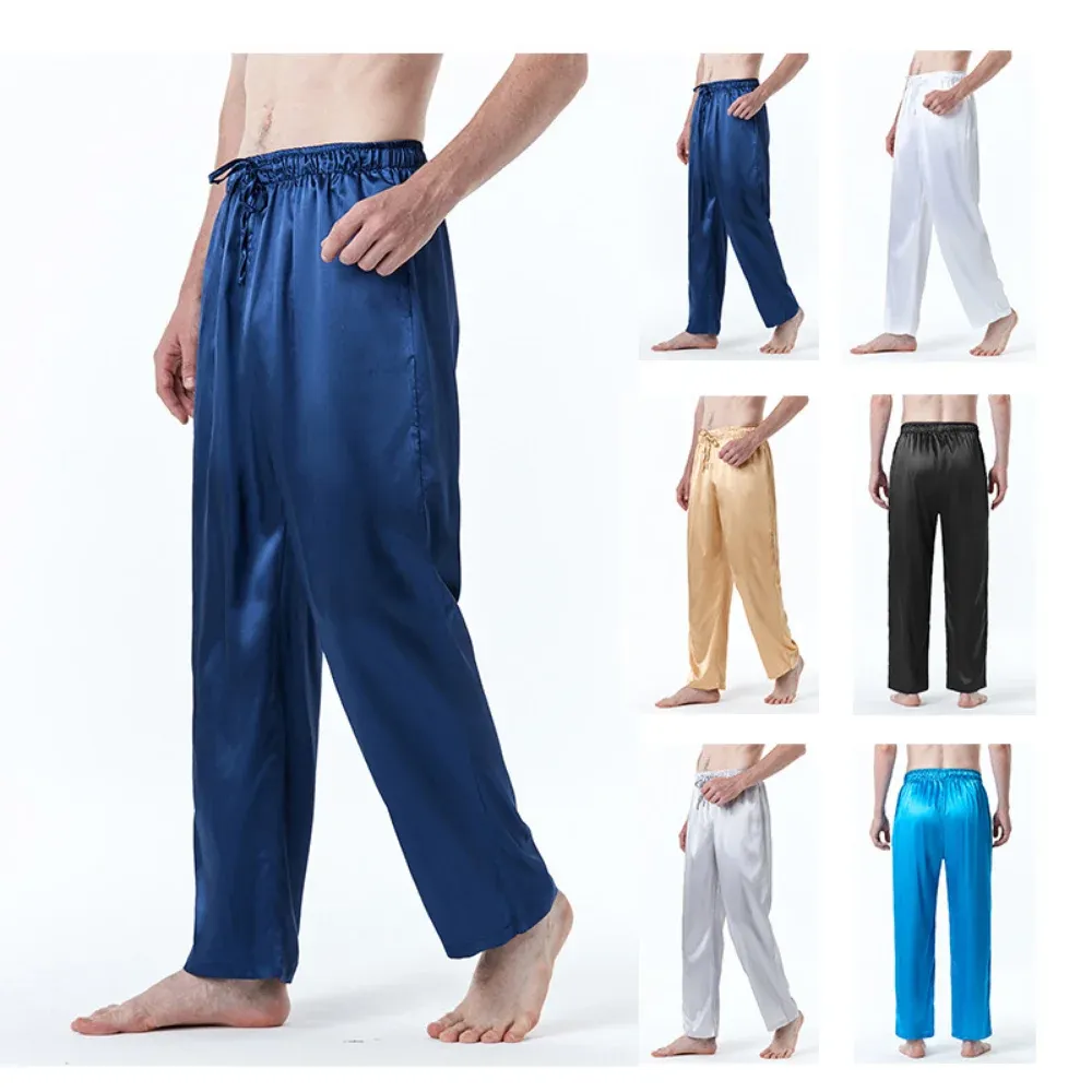 Qnpqyx novos pijamas masculinos tamanho ue para homens pijamas calças compridas sleep tops calças finas pijamas de seda gelo masculino sólido