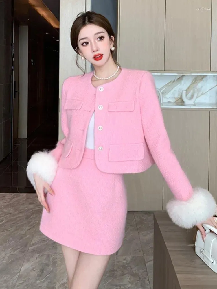 Work Dresses 2024 Women Autumn Winter Pink Elegant Faux Fur Patchwork Suit Korean Fashion Mini Skirts Single Breasted Jacket 2 Piece Set