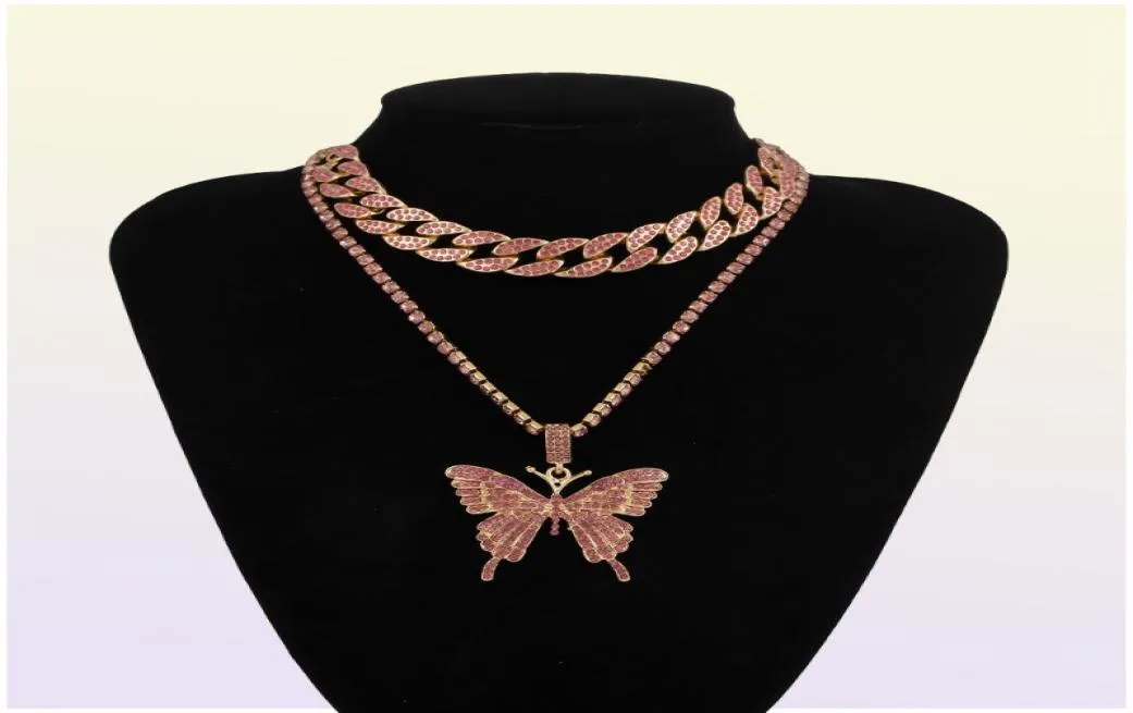 Cuban Chain Big 3d Butterfly fashion designer luxury diamonds statement pendant choker necklace for woman girls hip hop jewelry7294199