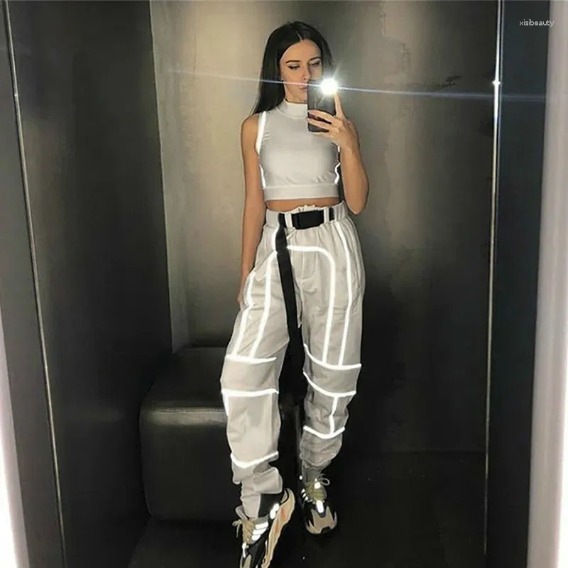 Frauen Zwei Stück Hosen Reflektierende Sexy Set Weibliche 219 Herbst Mode Nabel Patchwork Weste Crop Top Jogger Sport Hosen anzug