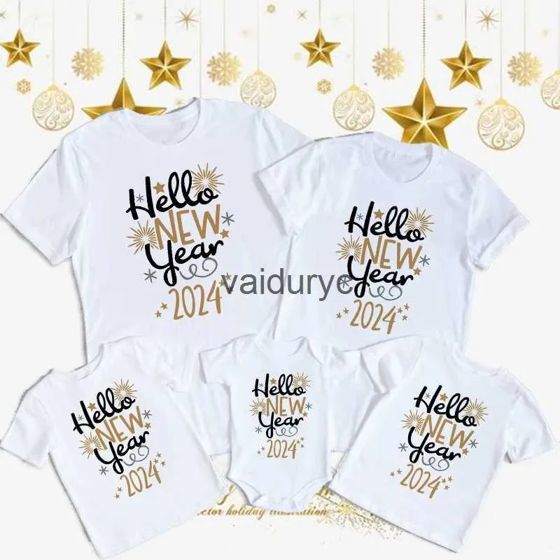 Family Matching Outfits Hello New Year 2024Family Matng Clothes New Year Party Outfit T-shirt Father Mother Kid Baby Look Tshirt Winter Holiday Tops H240508