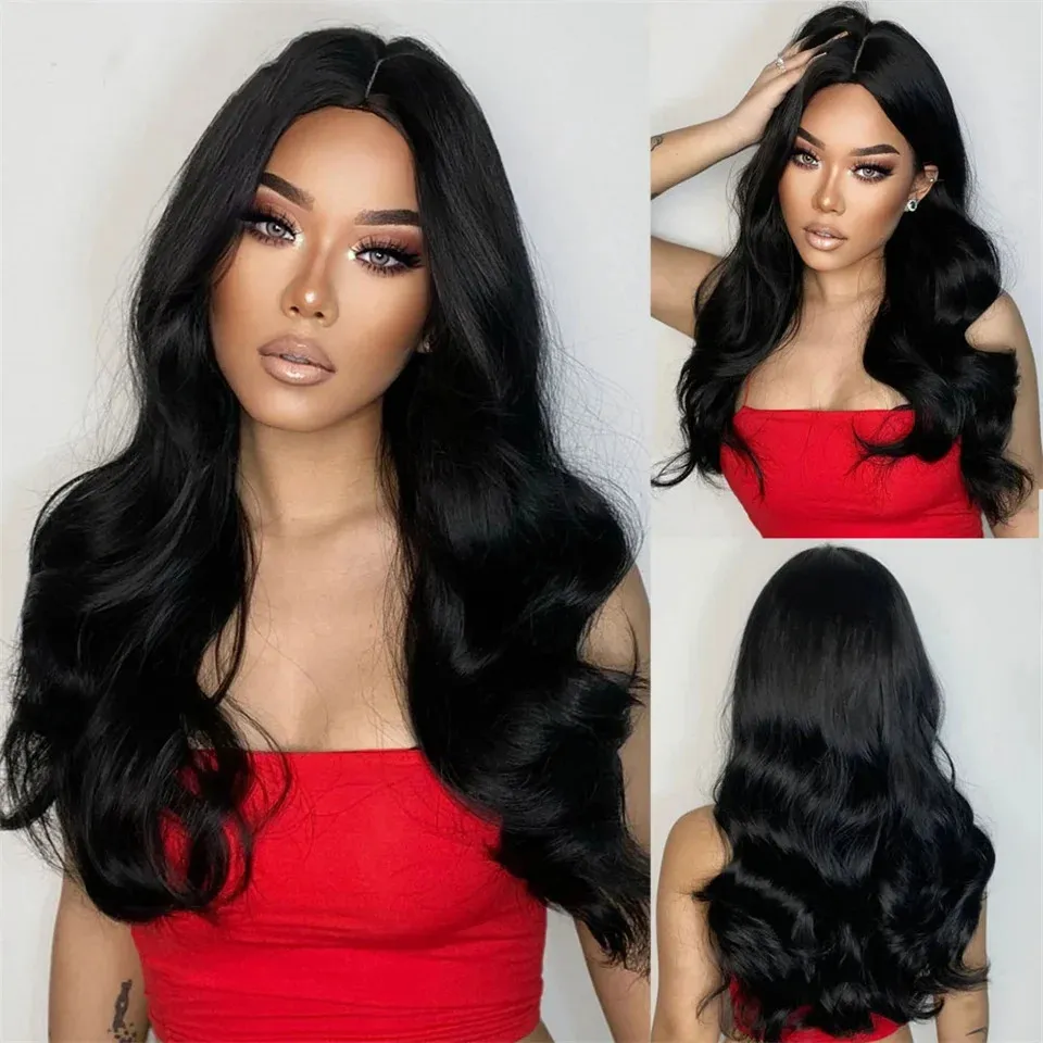 Perruque synthétique Body Wave longue noire naturelle pour femmes, perruque de Cosplay quotidienne, cheveux synthétiques résistants à la chaleur, utilisation quotidienne en fête 240116