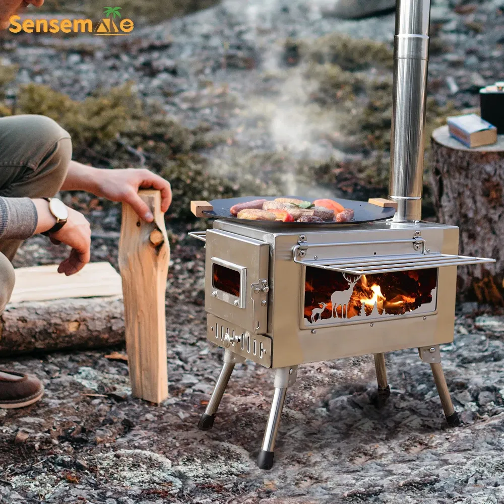 Großer tragbarer Feuerholzofen, Fensterrohr aus Edelstahl 304 für Zeltheizung, Kinderbett, Camping, Eisfischen, Kochen, Grillen im Freien, 240116