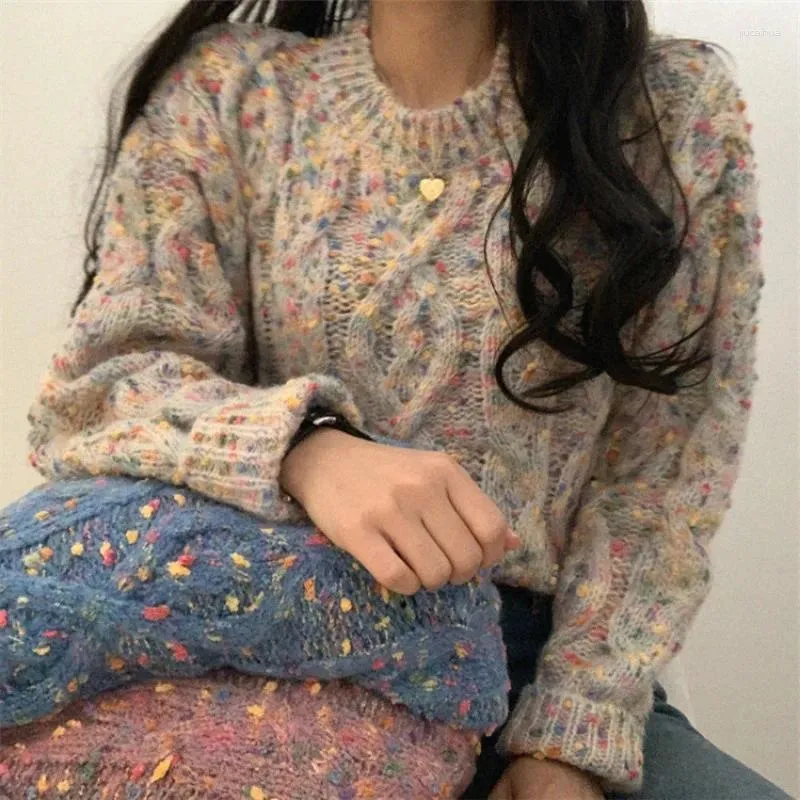 Kvinnors tröjor koreanska casual o nack twist tröja kvinnor vintage sött grovt garn lös långärmad höststickare kläd T032