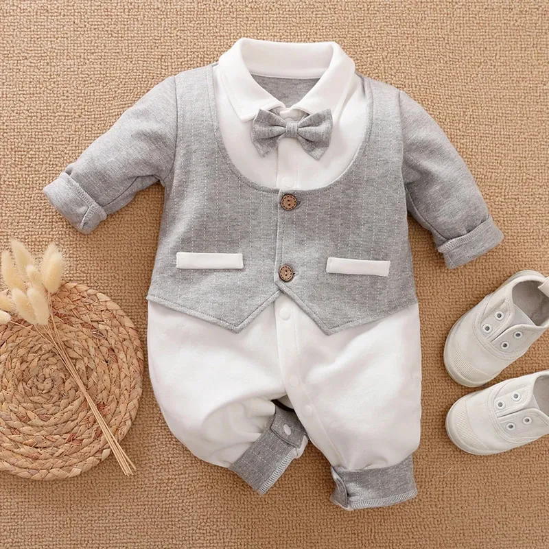 Långärmad baby pojke gentleman set babykläder för barn onesie kläder jumpsuit 100% bomull vår/sommar 240116