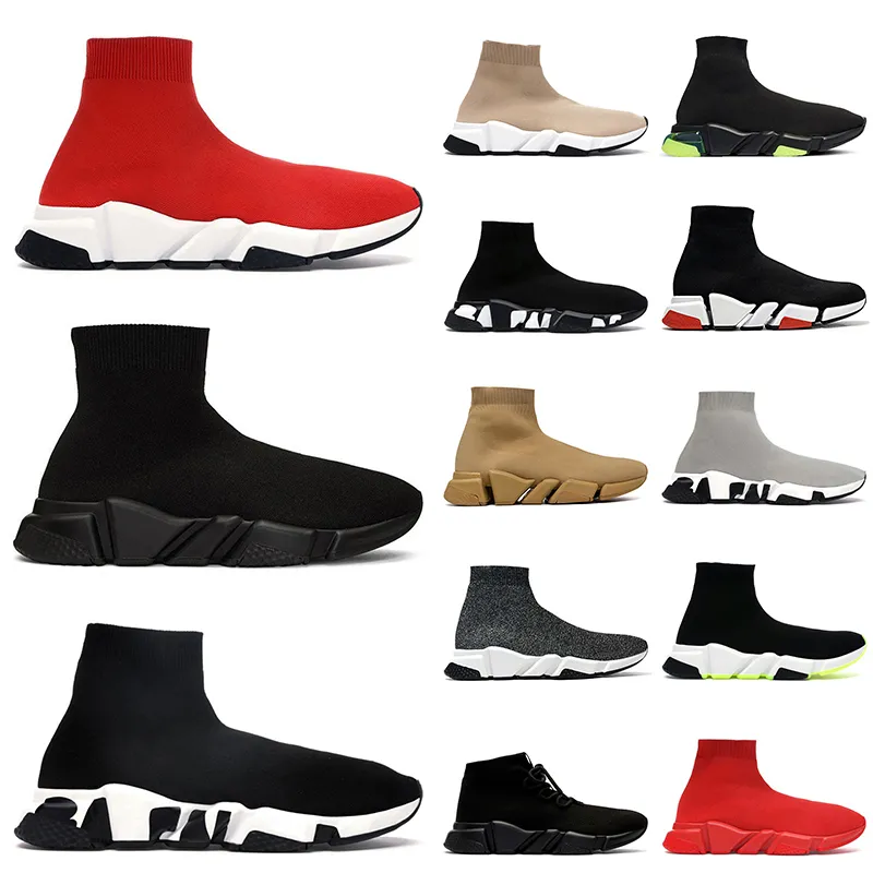 Partihandel Sockskor parar lyxmärke Kvinnor Män Running Shoes Lace Up Classic Triple Black White Beige Yellow Socks Trainers Runners Jogging Walking Sneakers