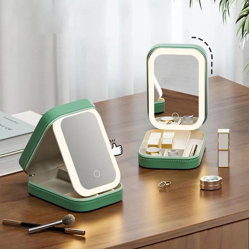 Sacs à cosmétiques LED Sac de maquillage portable léger à 3 niveaux avec miroir de remplissage en cuir PU Mini rangement de voyage