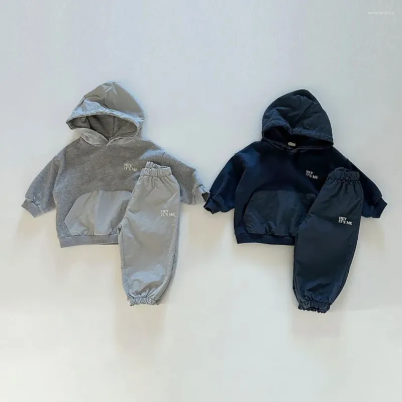 Clothing Sets Children's Solid Color Hooded Pullover 2 Piece Set Early Spring Splicing Fabric Design Windproof Threaded Cuffs Large Pocket