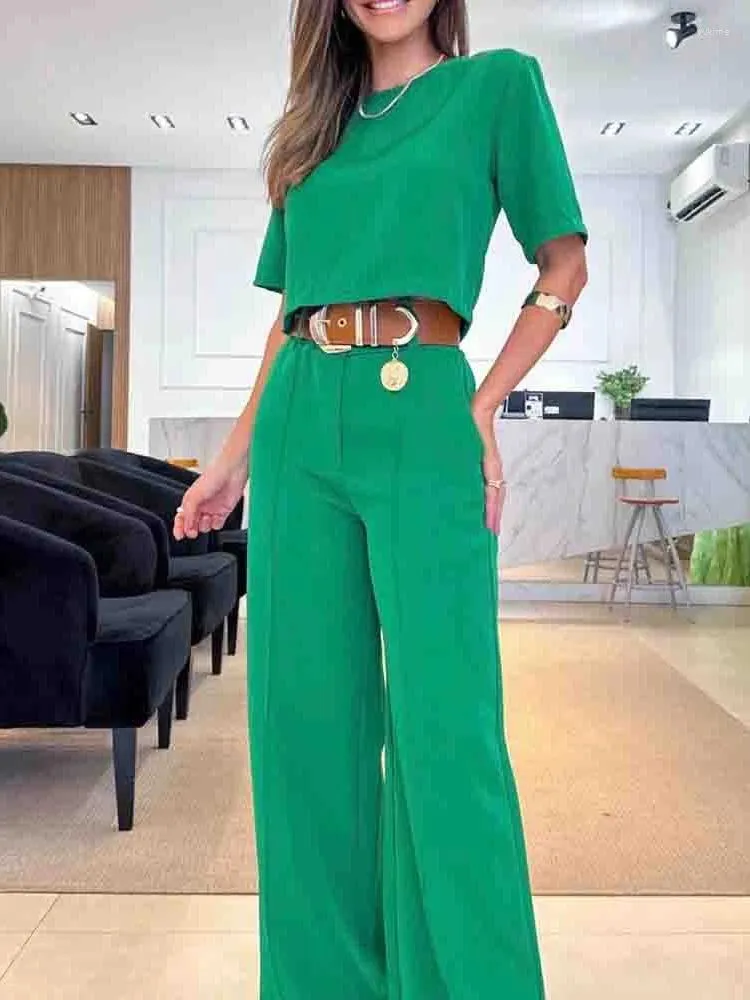 Pantalon femme printemps été femmes sexy vert deux ensembles à manches courtes couleur unie mode jambe large 2 pièces costume femme tenue 2024