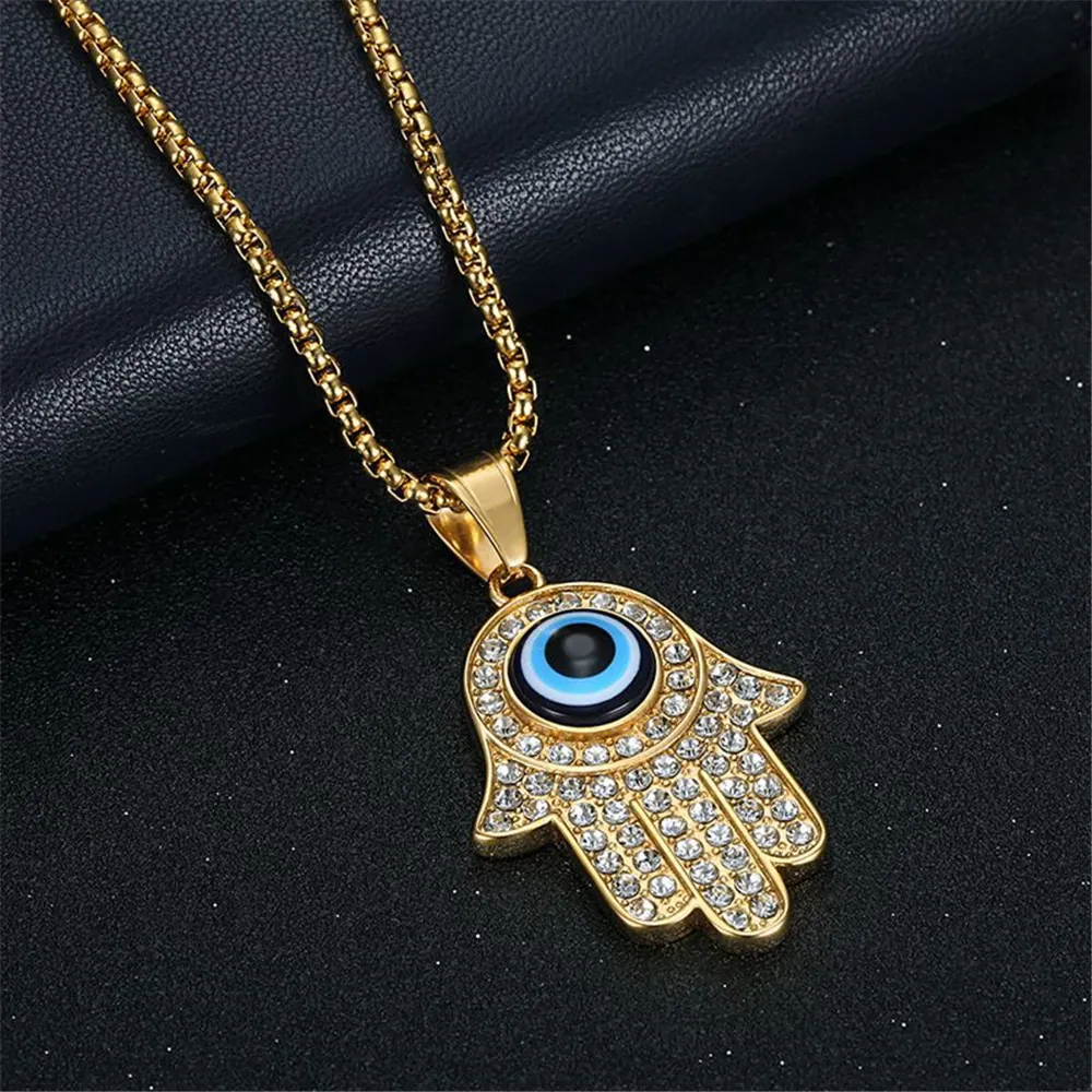 Hip Hop glacé mauvais œil pendentif couleur dorée 14k or jaune Hasma main de Fatima collier pour femmes hommes bijoux de haute qualité