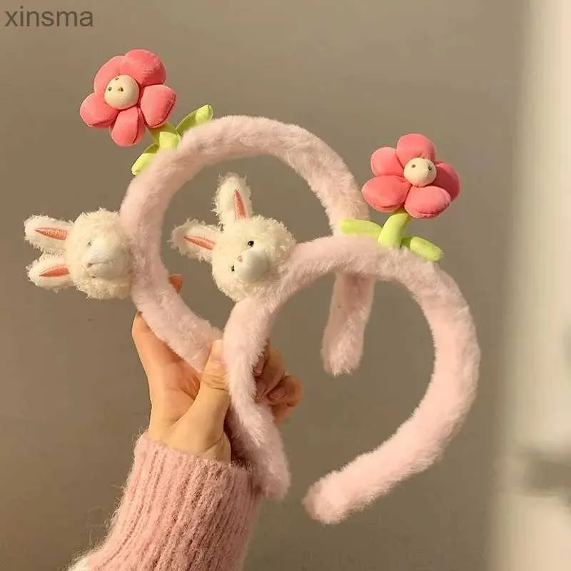 Headbands YHJ Cute Rabbit Hair Bands Pink Flower Plush Hair Hoop Trend Female Headband Head Hoop Sweet Hair Bands Accessories for Women YQ240116