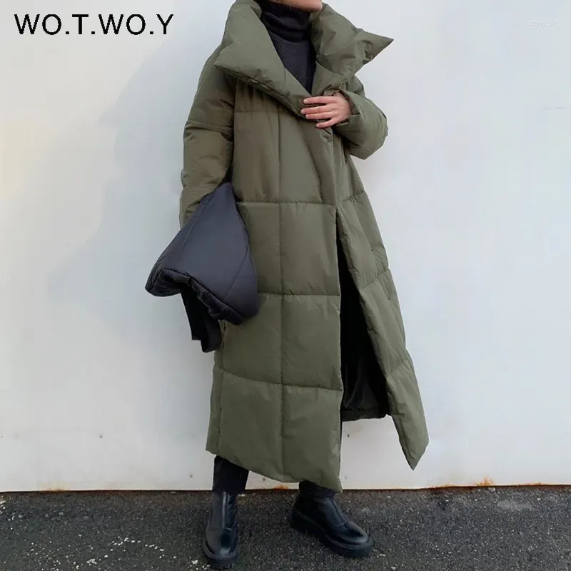 Women's Trench Coats WOTWOY Winter Thickening X-Long Parkas Women Wide-Waisted Loose Cotton Padded Jackets Female Green Grey Sashes Warm
