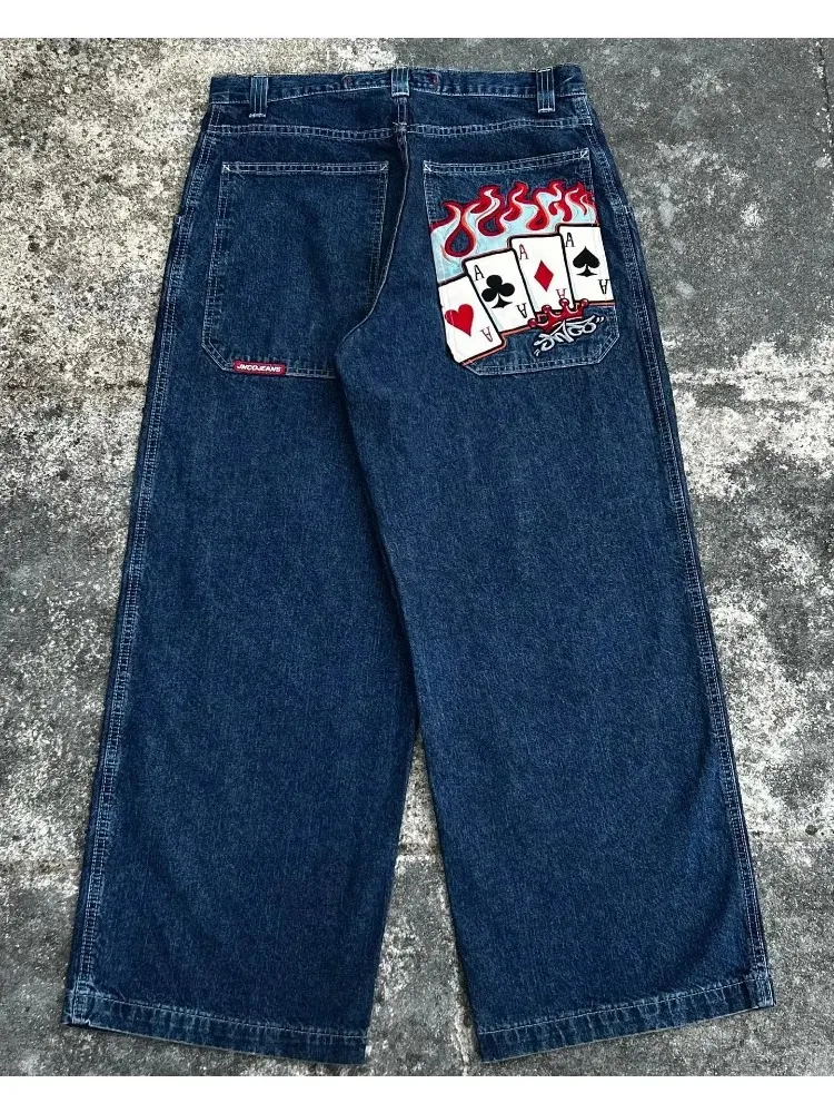 JNCO Jeans Y2K Heren Hip Hop Four of A Kind Grafisch Borduren Retro Blue Baggy Jeans Denim Broek Goth Hoog getailleerde brede broek 240115