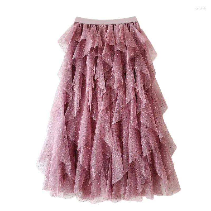 Röcke Frauen Maxi Tiered Tutu Tüll Rock Frühling Sommer Modische Unregelmäßige Polka Dot Weibliche Boho Lange Mesh