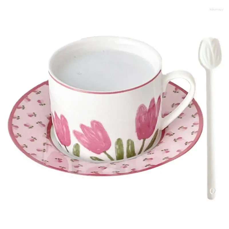Tasses soucoupes thé et français rose imprimé Vintage tasse à café soucoupe ensemble céramique pour boissons au lait