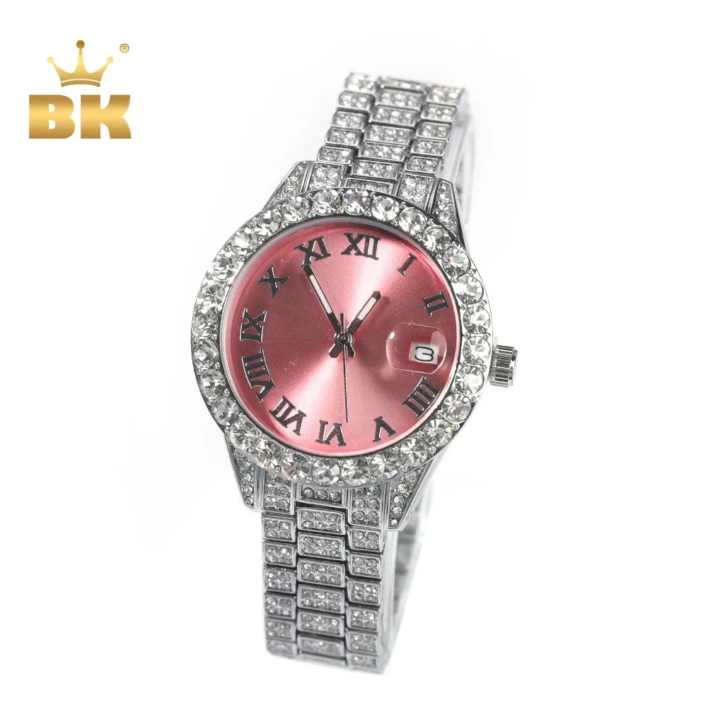 The Bling King Women's Watch Baby Pink Dial Iced Out Quartz Clock Luxury Rhinestone Waterproof Wrist Watch Small Size For Women 240115