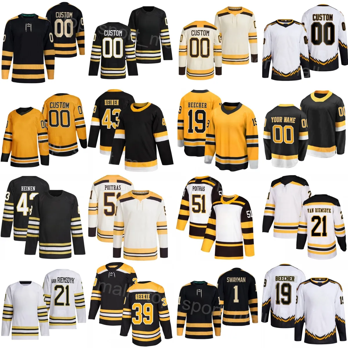 여자 청소년 남자 하키 21 James van Riemsdyk Jerseys 51 Matthew Poitras 1 Jeremy Swayman 19 Johnny Beecher 43 Danton Heinen 39 Morgan Geekie Black White Yellow Beige