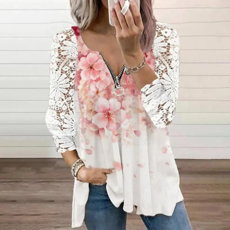 Damesblouses Damesblouse V-hals Rits Hals Gehaakte bloemenkant Bladerdeeg Lange mouw Tops Zomerprint Losse tuniekshirt