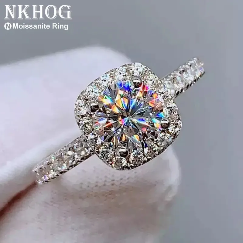 REAL 925 Sterling Silver Ring for Women Square Round 1CT 2CT 3CT Brilliant Diamond Finger Band Wedding Jewelry Gift 240115