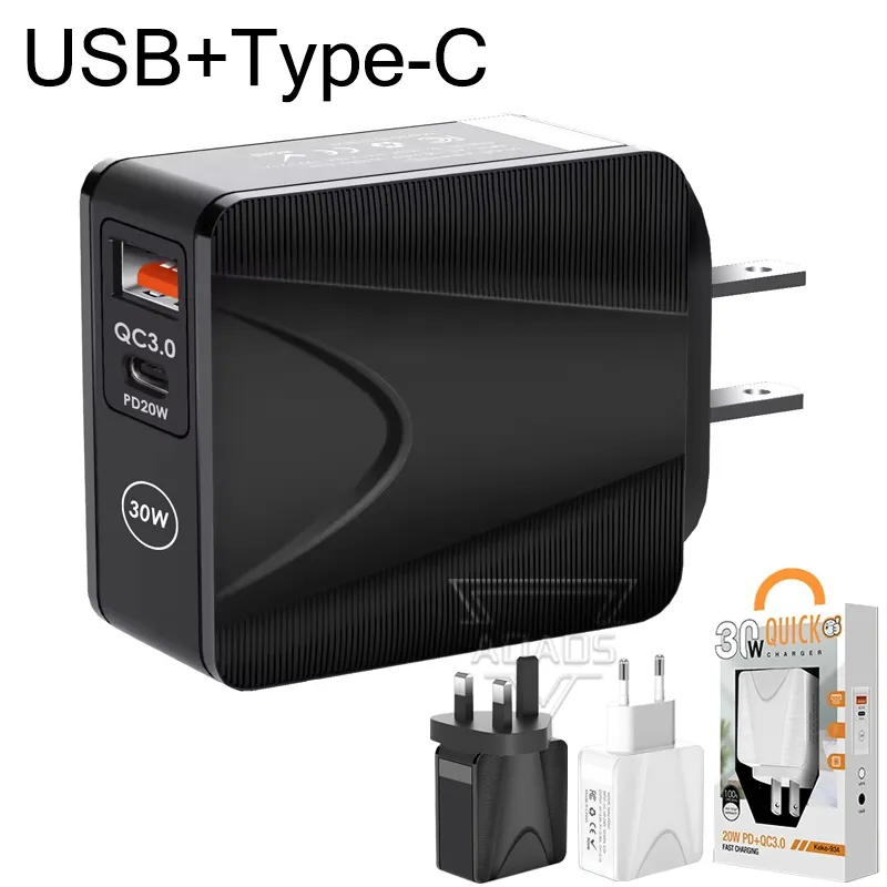 Adattatori da muro Type-C+USB Dual Port QC3.0 con ricarica rapida 12W/20W Caricabatterie per cellulare Samsung Apple Xiaomi Certificato CE