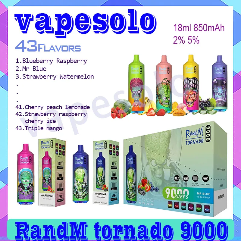 Varejo Original RandM Tornado 9000 Puff E Cigarro 18ml Pod Mesh Bobina 43 Sabores Puffs 9k Caneta Vape Descartável 6 Luzes RGB Entrega Rápida