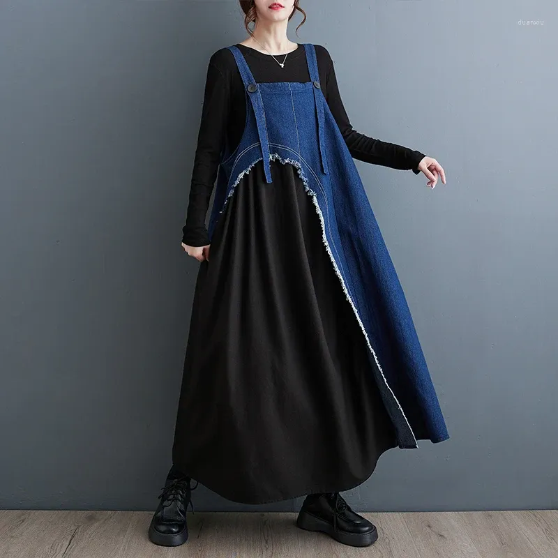 Casual Dresses European American Style Sleeveless Patchwork Chic Girls Autumn Winter Strap Denim Dress Street Fashion Women Spring