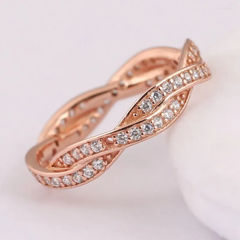 Cluster Rings Original Rose Gold Pave Love Eternal flätad med kristallring för kvinnor 925 Sterling Wedding Present Europa smycken