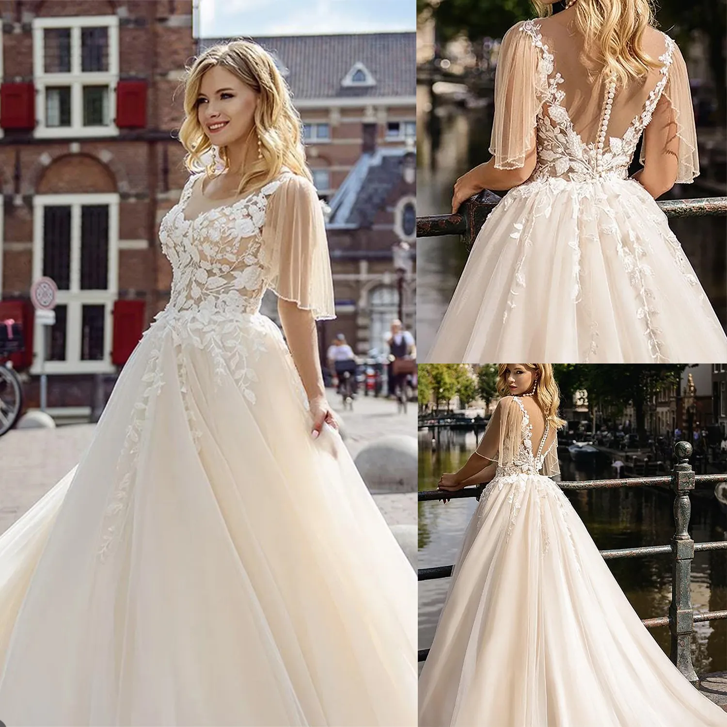 Strand Trouwjurken Doorschijnende Juweel Hals Korte Mouw A-lijn Bruidsjurken Boho Kant Applicaties Bruiloft vestido de noiva