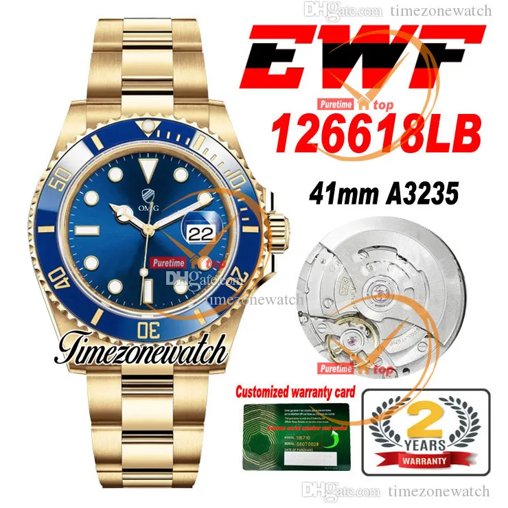 EWF V2 41mm A3235 Automatic Mens Watch 126618 18K Yellow Gold Blue Ceramics Bezel Blue Dial 904L Steel Bracelet Best Version Same Serial Warranty Card Timezonewatch