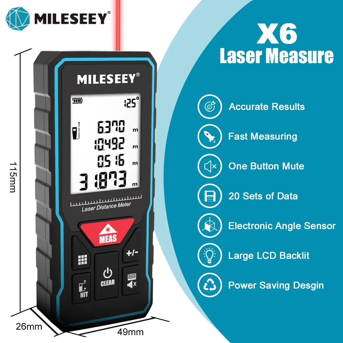 Mileseey X6 Laser Tape Measure 40m 60m 80m 100m Professional Rangefinder med vinkeldisplay för DIY -dekorering Byggnad 240116